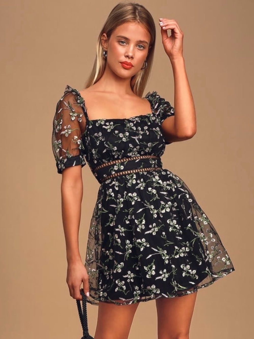 NWT Lulu's Black Floral Embroidered Puff-Sleeve Mini Dress Small
